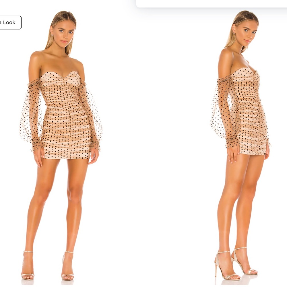 Off-Shoulder Nude Polka Dot Mini Dress
